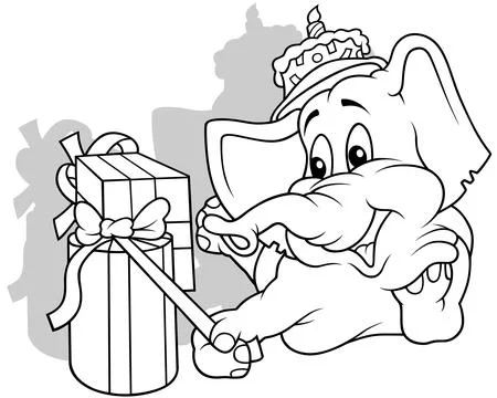 Drawing of a Elephant with a Cake on his Head Unwraps his Presents Stock Illustration
