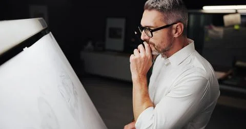 Drawing, engineer or man with paper thinking for design, property development or Fotos de archivo