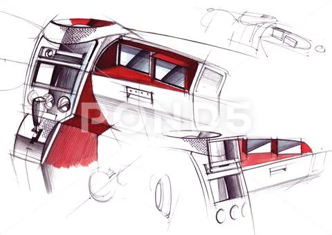 Drawing of the exclusive interior design of the car with the elaboration of all Stock Illustrationen