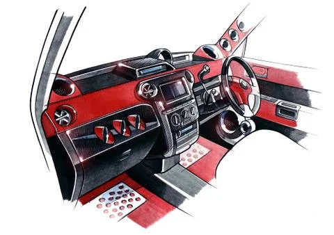 Drawing of the exclusive interior design of the car with the elaboration of all Stock Illustration