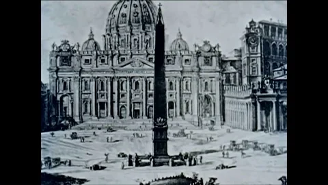 A drawing of the facade of Saint Peters with an oval colonnade, featuring an Stock Footage 85203038