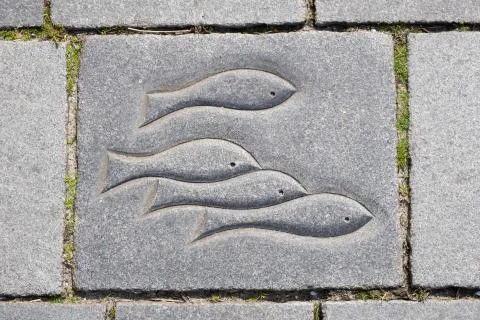 Drawing of fish on a stone sidewalk in the old European port city Stock Photos