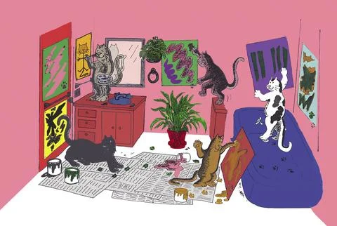 Drawing of Five Cats Creating Abstract Art on Canvas in a Bathroom Stock Illustration