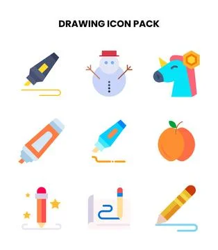 Drawing Flat Set Icons Pack Stock Illustration