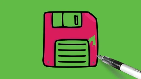 Drawing floppy in red and grey colour with black outline on green background Video stock 157430130
