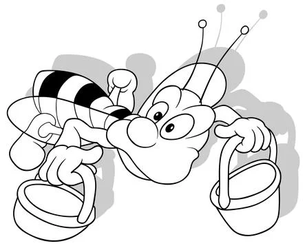 Drawing of a Flying Bee with Two Baskets in Hands Stock Illustration