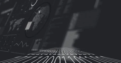 Drawing foreground curved binary digit band across virtual analytics dashboard, 스톡 일러스트