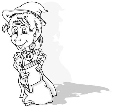 Drawing of a Forest Witch with a Book of Spells in her Hands Stock Illustration