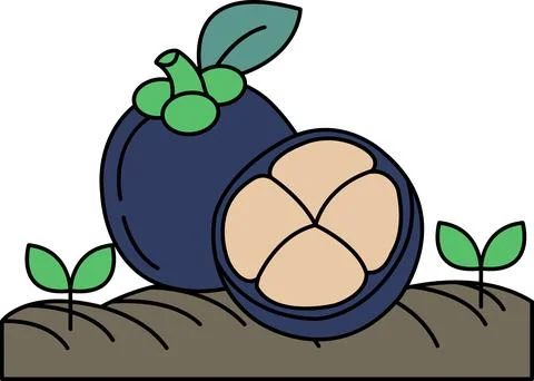 A drawing of a fruit with a leaf on top and a slice of it on the ground Illustrazione stock
