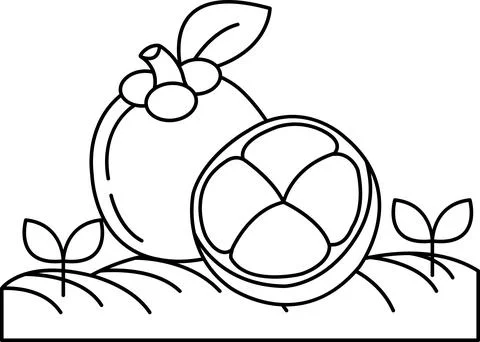 A drawing of a fruit with a leaf on top and a slice of it on the ground Illustrazione stock