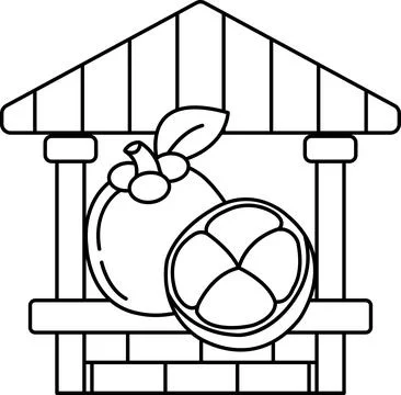 A drawing of a fruit stand with a mango and a slice of orange Stock Illustration