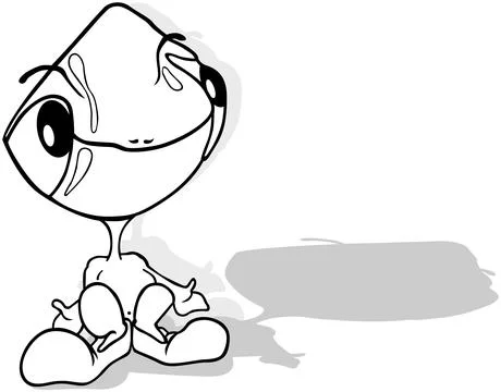 Drawing of a Funny Alien with a Big Head and Eyes Sitting on the Ground Stock Illustration