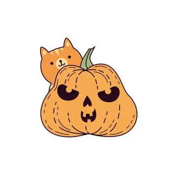 Drawing of a funny pumpkin with a red cat Stock Illustration
