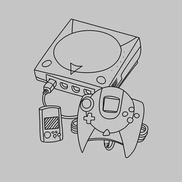 A drawing of game controller and a game console sketch line art issolated on gre Stock Illustration