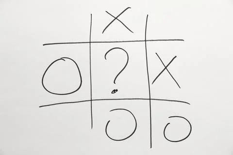Drawing of the game tic-tac-toe and a question mark in the middle on white .. Stock Photos