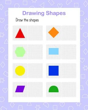 Drawing geometry shapes printable educational worksheet colorful vector Stock Illustration