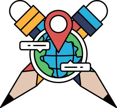 A drawing of a globe with a red dot on it and two pencils Stock Illustration