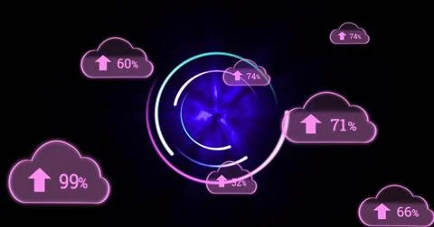Drawing glowing vortex pulling data in dark UI dashboard, with cloud icons Stock Illustration