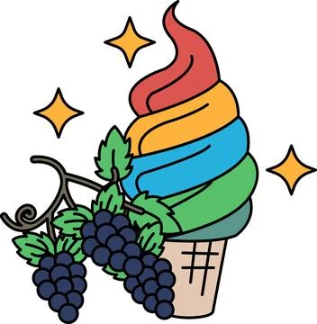 A drawing of a grapefruit and a grape ice cream cone Ilustración de archivo