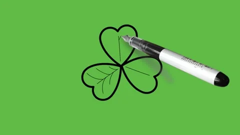 Drawing green leaf in blue colour with black outline on green background Stock Footage 157601561