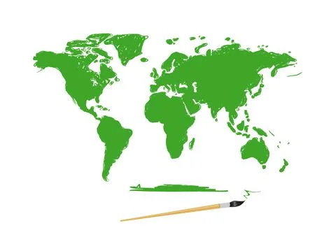 Drawing green world map on white background Stock Illustration