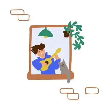 Drawing hand-drawn man in the window sits at home. Enjoy being at home, home Stock Illustration