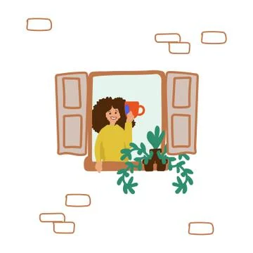 Drawing hand-drawn man in the window sits at home. Enjoy being at home, home Stock Illustration