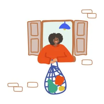 Drawing hand-drawn man in the window sits at home. Enjoy being at home, home Stock Illustration