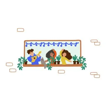 Drawing hand-drawn man in the window sits at home. Enjoy being at home, home Stock Illustration