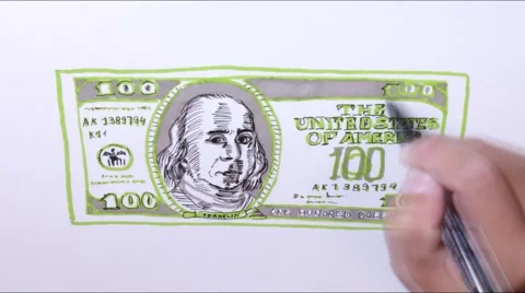 Drawing by hand hundred dollar banknotes Stock Footage 63327147