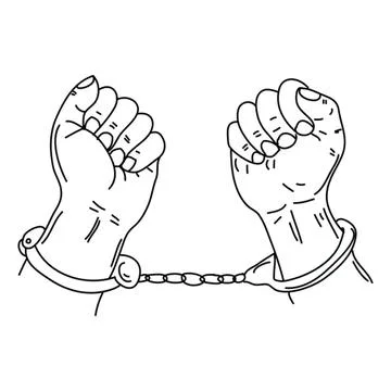 Drawing of hands in handcuffs with chains and cuffs Stock Illustration