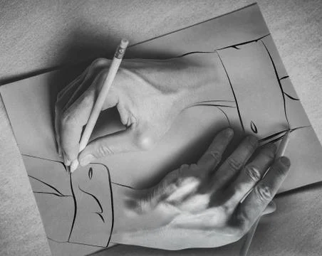Drawing hands. Two hands draw each other with a pencil on a sheet. Photograph Stock Photos