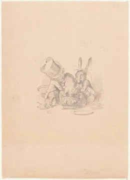 Drawing of Hatter and March Hare putting dormouse in teapot Illustration f... Stock Photos