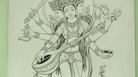 Pencil Sketch Of Saraswati Maa - Desi Painters