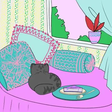 Drawing of a home mood with a cat on a sofa in front of a window with a flower Stock Illustration
