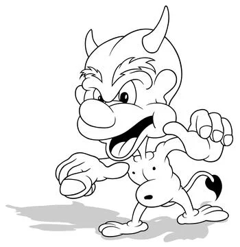 Drawing of a Horned Devil with a Smile Pointing his Finger Stock Illustration