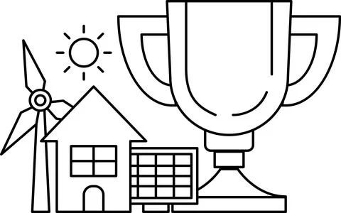 A drawing of a house, a cup, and a windmill Stock Illustration