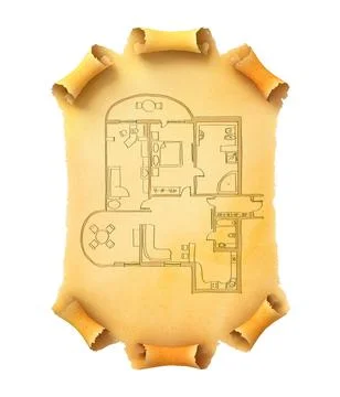 Drawing house depicted on the old scroll. Conceptual illustration. Isolated o Illustrazione stock