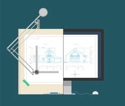 Drawing the house on the drawing board and on the monitor screen. Stock Illustration