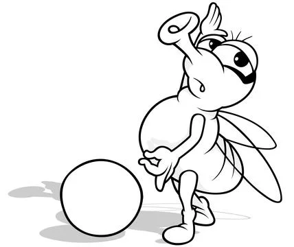 Drawing of a Housefly Playing with a Small Sphere Stock Illustration