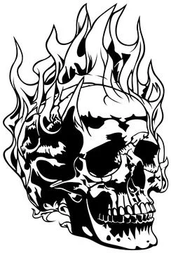 Drawing of Human Skull with Flames Stock Illustration