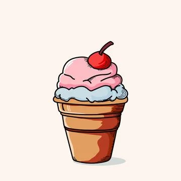 A drawing of a ice cream cone with a cherry on it, vector illustration. Stock Illustration