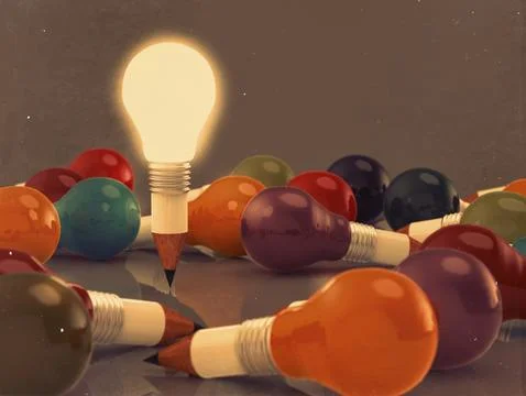 Drawing idea pencil and light bulb concept creative and leadership Stock Illustration