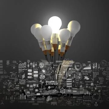 Drawing idea pencil light bulb and open book business strategy Ilustración de archivo