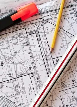 Drawing instruments and blueprints Stock Photos