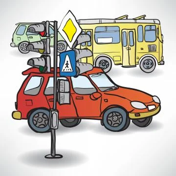 Drawing an intersection with traffic lights, buses and cars Stock Illustration