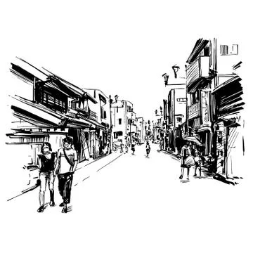 Drawing of the Japan cityscape in Kyoto  Stock Illustration