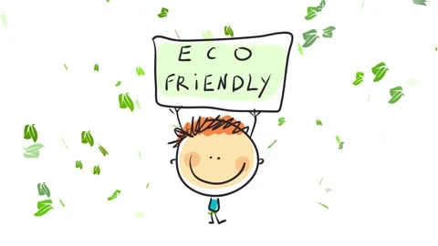 Drawing of joyful kid standing up for usage of eco friendly energy alternatives Stock Footage 130348144