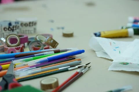 Drawing kit messy on the table Stock Photos