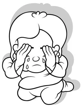 A Drawing of a Kneeling Boy Crying Stock Illustration